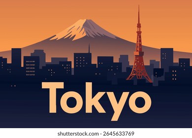 O Monte Fuji fica majestosamente atrás da vibrante paisagem urbana de Tóquio, oferecendo deslumbrantes vistas do pôr do sol onde a natureza encontra a vida moderna da cidade, proporcionando um equilíbrio perfeito de beleza ao ar livre e charme urbano