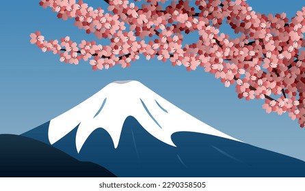 Mount Fuji and sakura branches - painted landscape of Japan. Branches of pink cherry. Snow mountain. Travel to Japan. Vector illustration