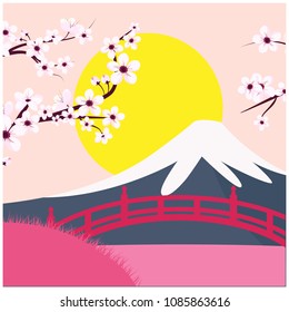 Mount Fuji Sakura Bridge Sunset Background Vector Image
