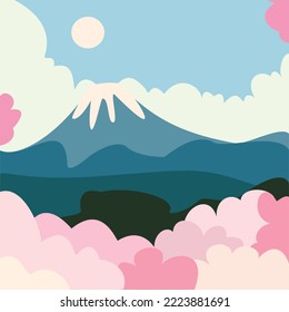 mount fuji and sakura landscape background in abstract flat design. trendy and minimalist style panoramic landscape design