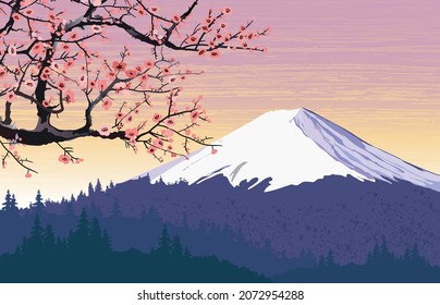 Mount Fuji, sakura, spring. Japanese landscape. Vector illustration.