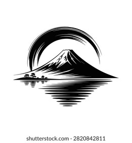 Mount Fuji Silhouette With Brushstroke Circle And Water Reflection Black