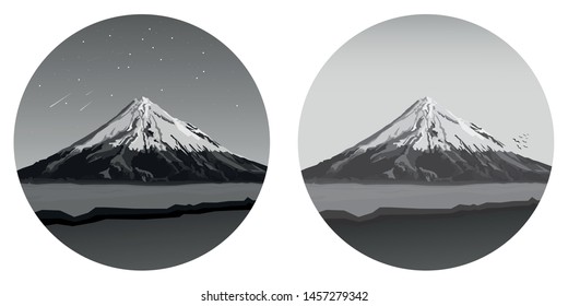 Mount Fuji silhouette by day and by night. Mountain vector illustration landscape mature silhouette element outdoor icon snow ice tops. Using for travel and nature background and card