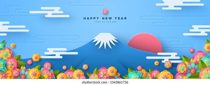 Mount Fuji with snow on peak at sunrise. Japanese greeting card or banner with colorful spring flowers and paper cut clouds. Happy New Year 2020. Vector illustration.