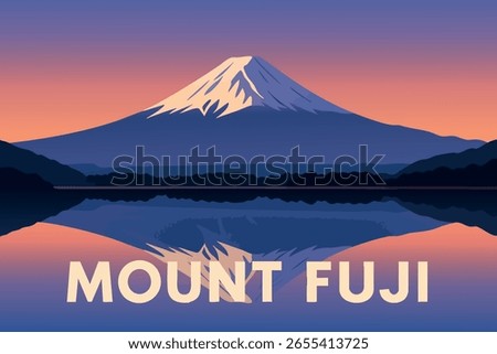 Mount Fuji stands in serene tranquility at dawn, its majestic peak bathed in soft morning light. The calm surroundings and breathtaking views offer a peaceful escape into nature