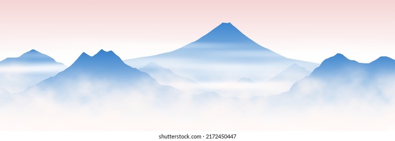 Mount Fuji At Sunrise, Morning Fog, Panoramic View, Vector Illustration