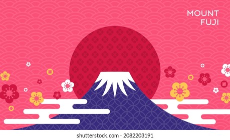 Mount Fuji at sunset. Japanese greeting card or banner with geometric pattern. Happy New Year 2022. Clouds and Flowers in Modern flat style.