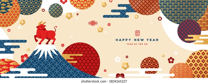 Mount Fuji at sunset with Zodiac Ox on the Top. Japanese greeting card or banner with geometric ornate shapes. Happy Chinese New Year 2021. Clouds and Asian Patterns in Modern Style.