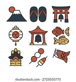 Un monte fuji, campana del templo, linterna, peces, sandalias, iconos festivos de año nuevo