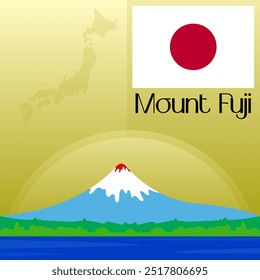 Mount Fuji Vector Illustration Clipart, World Famous Places Art, A Volcano in Japan, Japan Map and Flag Vector Art