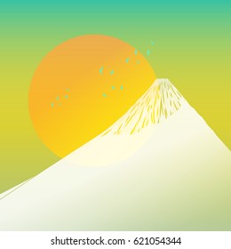 Mount Fuji view vector illustration with birds