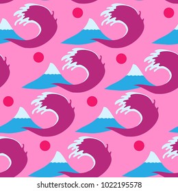 Mount Fuji with a wave vector illustration. Volcano on a pink background. The mountain at sunset. Pattern with Fuji. Blue pattern with a red sun. Print on fabric with a mountain on a dark background.
