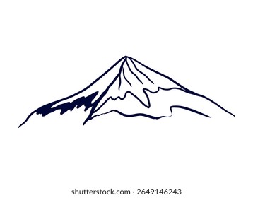 Mount Fujiyama in Japan. Hand drawn vector illustration of the mountain in graphic black and white style, calligraphy. For tourist cards, invitations, banners, posters, booklets.