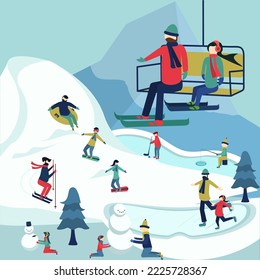 des montagnes pleines de neiges et des familles qui passent des vacances sportives comme le ski, le snowboard, le toboggan, la pêche en hiver 