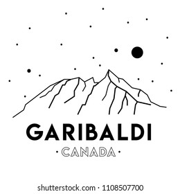 Mount Garibaldi. Vector black and white illustration of mountains in Canada. Print design for t-shirts, textiles, souvenirs. Poster, card. Trekking, hiking, camping