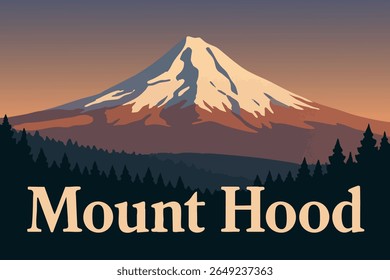 O Monte Hood fica majestosamente enquanto o sol se põe atrás de seus picos cobertos de neve, lançando um brilho dourado quente sobre a paisagem circundante.