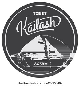 Mount Kailash in Himalayas, Tibet outdoor adventure badge. higest mountain on Tibetan plateau. Climbing, trekking, hiking, mountaineering and other extreme activities logo template.