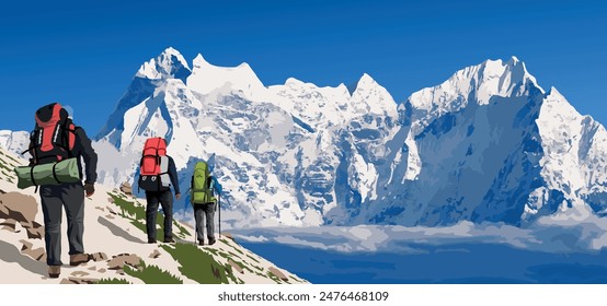 mount Kangtega and Thamserku peak as seen from gokyo peak with three hikers, vector illustration, Khumbu valley, Nepal Himalayas mountains