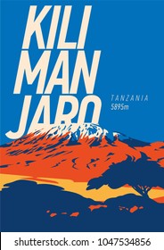 Mount Kilimanjaro in Africa, Tanzania outdoor adventure poster. Higest volcano on Earth illustration.