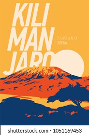 Mount Kilimanjaro in Africa, Tanzania outdoor adventure poster. Higest volcano on Earth at sunset illustration.