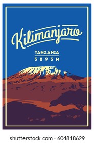 Mount Kilimanjaro in Africa, Tanzania outdoor adventure poster. Higest volcano on Earth illustration.