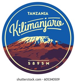 Mount Kilimanjaro in Africa, Tanzania outdoor adventure badge. Higest volcano on Earth. Climbing, trekking, hiking, mountaineering and other extreme activities logo template.