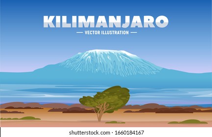 Mount Kilimanjaro at African savanna background, Amboseli National Park, Kenya. Image for web, banner or print design. Vector illustration.