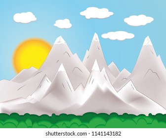 Mount Landscape with forest, sunrise and Clouds Vector 