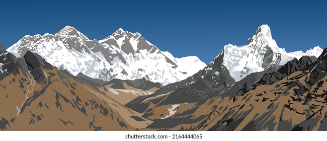 Mount Lhotse And Nuptse South Rock Face, Top Of Mt Everest And Ama Dablam Peak, Vector Illustration, Khumbu Valley, Everest Area, Nepal Himalayas Mountains