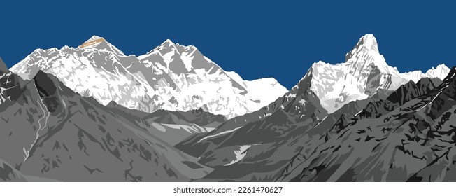 Cara de roca sur del Monte Lhotse y Nuptse, parte superior del monte Everest y del pico de Ama Dablam, ilustración vectorial, valle de Khumbu, zona del Everest, montañas himalayas de Nepal