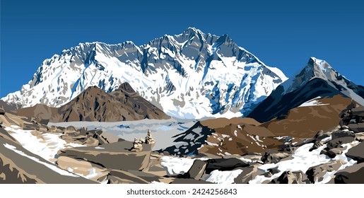 Mount Lhotse south rock face and stone pyramid, vector illustration, Khumbu valley, Everest area, Nepal himalayas mountains