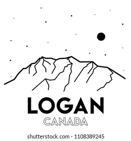 Mount Logan. Canada. Vector black and white illustration of mountains. Landscape. Nature. Print design.