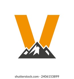 Logo De Montaje En La Letra V, Plantilla De Vector De Símbolo De Montaña