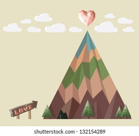 Mount Love. Abstract mount with heart on top. Concept for difficult way to love.