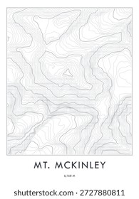 Mapa topográfico do Mount McKinley impresso. Linhas de contorno minimalistas arte.