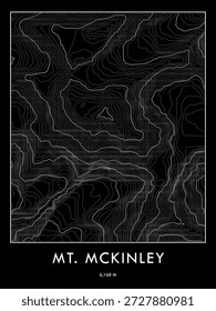 Mapa topográfico do Monte McKinley impresso em tema escuro. Linhas de contorno minimalistas arte.