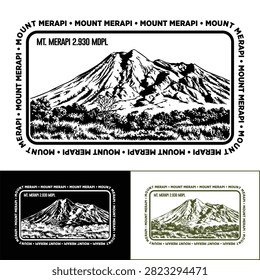 Mount Merapi Vintage Mountain Badge Vector Illustration – Black and White Adventure Landscape Design