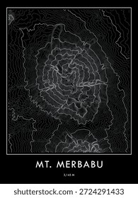Mapa topográfico do Monte Merbabu impresso em tema escuro. Linhas de contorno minimalistas arte.
