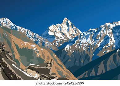 mount Nanda Devi and stone pyramid vector illustration, one of the best mounts in Indian Himalaya, seen from Joshimath Auli,  Uttarakhand, India, Indian Himalaya mountain