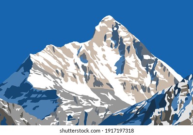 mount Nanda Devi vector illustration, one of the best mounts in Indian Himalaya, seen from Joshimath Auli,  Uttarakhand, India, Indian Himalayas mountains