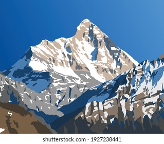 mount Nanda Devi vector illustration, one of the best mounts in Indian Himalaya, seen from Joshimath Auli,  Uttarakhand, India, Indian Himalaya mountain