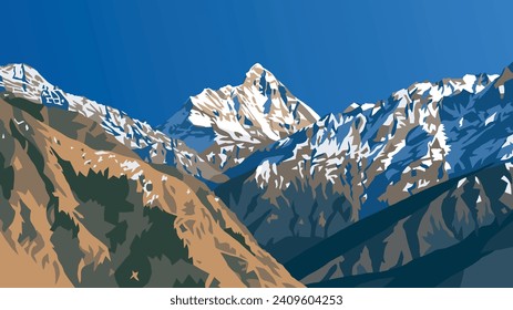 mount Nanda Devi vector illustration, one of the best mounts in Indian Himalaya, seen from Joshimath Auli,  Uttarakhand, India, Indian Himalaya mountain