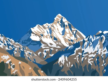 mount Nanda Devi vector illustration, one of the best mounts in Indian Himalaya, seen from Joshimath Auli,  Uttarakhand, India, Indian Himalaya mountain