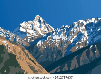 mount Nanda Devi vector illustration, one of the best mounts in Indian Himalaya, seen from Joshimath Auli,  Uttarakhand, India, Indian Himalaya mountain