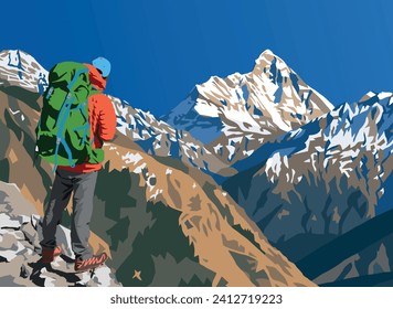 mount Nanda Devi vector illustration with hiker, one of the best mounts in Indian Himalaya, seen from Joshimath Auli,  Uttarakhand, India, Indian Himalayas mountains