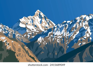 mount Nanda Devi vector illustration, one of the best mounts in Indian Himalaya, seen from Joshimath Auli,  Uttarakhand, India, Indian Himalaya mountain