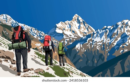 monte la ilustración vectorial Nanda Devi con tres excursionistas, uno de los mejores montículos en el Himalaya indio, visto desde Joshimath Auli, Uttarakhand, India, montañas himalayas indias