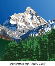 mount Nanda Devi and woodland vector illustration, one of the best mounts in Indian Himalaya, seen from Joshimath Auli,  Uttarakhand, India, Indian Himalayas mountains