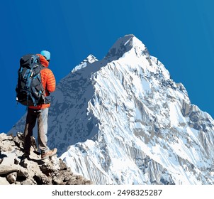 Mount Nuptse with hiker, mountain vector illustration, Nepal Himalayas mountains