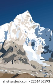 Mount Nuptse mountain vector illustration, Nepal Himalayas mountains, View from Mt Kala Patthar